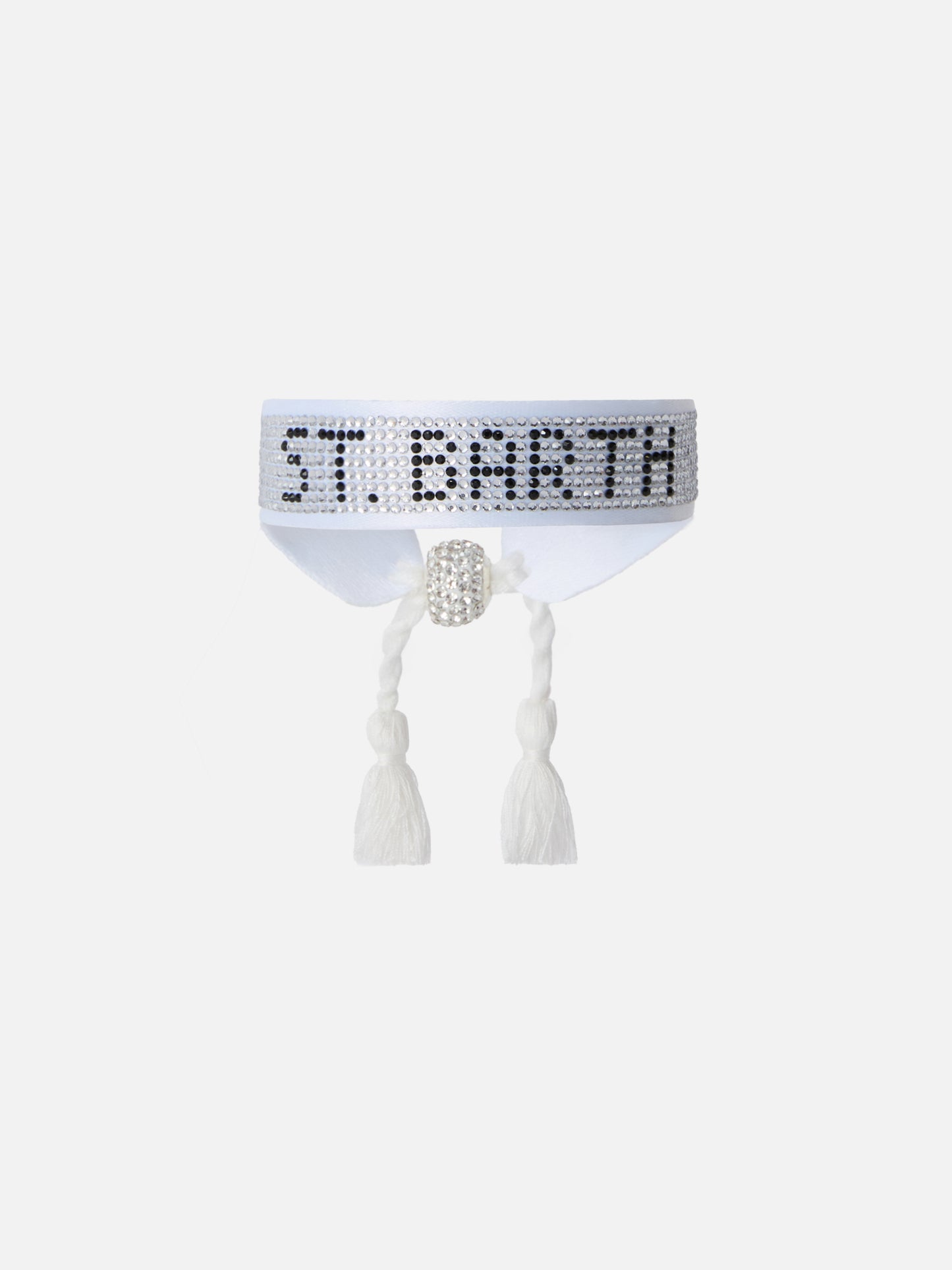 White fabric bracelet with St. Barth beaded lettering