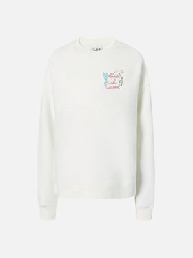 Sternenstaub-Baumwoll-Sweatshirt in Weiß mit Strassapplikationen Après-Ski-Queen