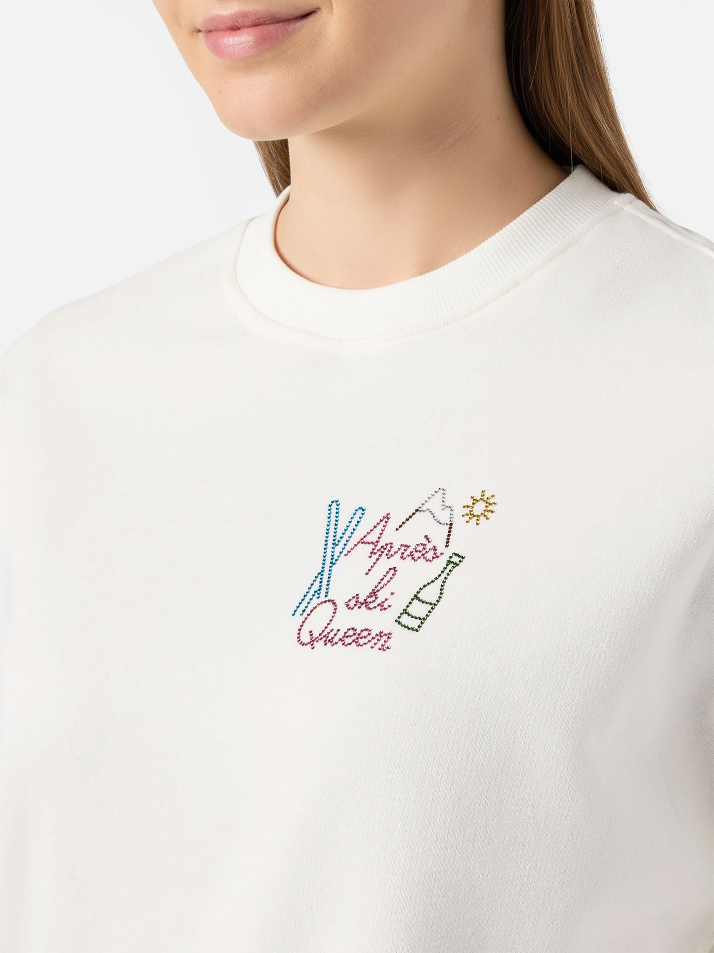 Sternenstaub-Baumwoll-Sweatshirt in Weiß mit Strassapplikationen Après-Ski-Queen