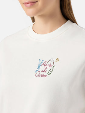 Sternenstaub-Baumwoll-Sweatshirt in Weiß mit Strassapplikationen Après-Ski-Queen