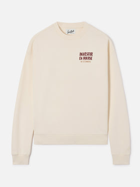 Stardust Rundhals-Sweatshirt aus weißer Baumwolle mit Investir en Bourse-Stickerei 