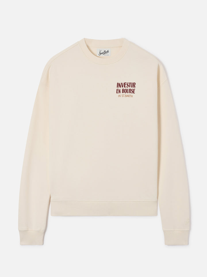 Stardust Rundhals-Sweatshirt aus weißer Baumwolle mit Investir en Bourse-Stickerei 