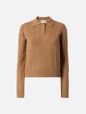 Savoy Polo-Pullover aus Merinowolle mit weichem Zopfmuster in Kamel