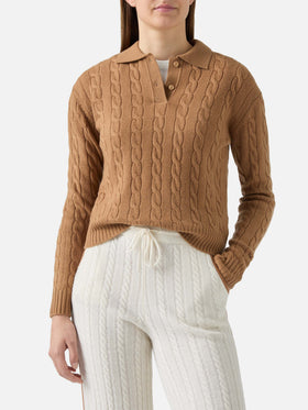 Savoy Polo-Pullover aus Merinowolle mit weichem Zopfmuster in Kamel