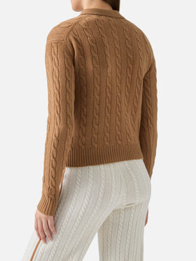 Savoy Polo-Pullover aus Merinowolle mit weichem Zopfmuster in Kamel