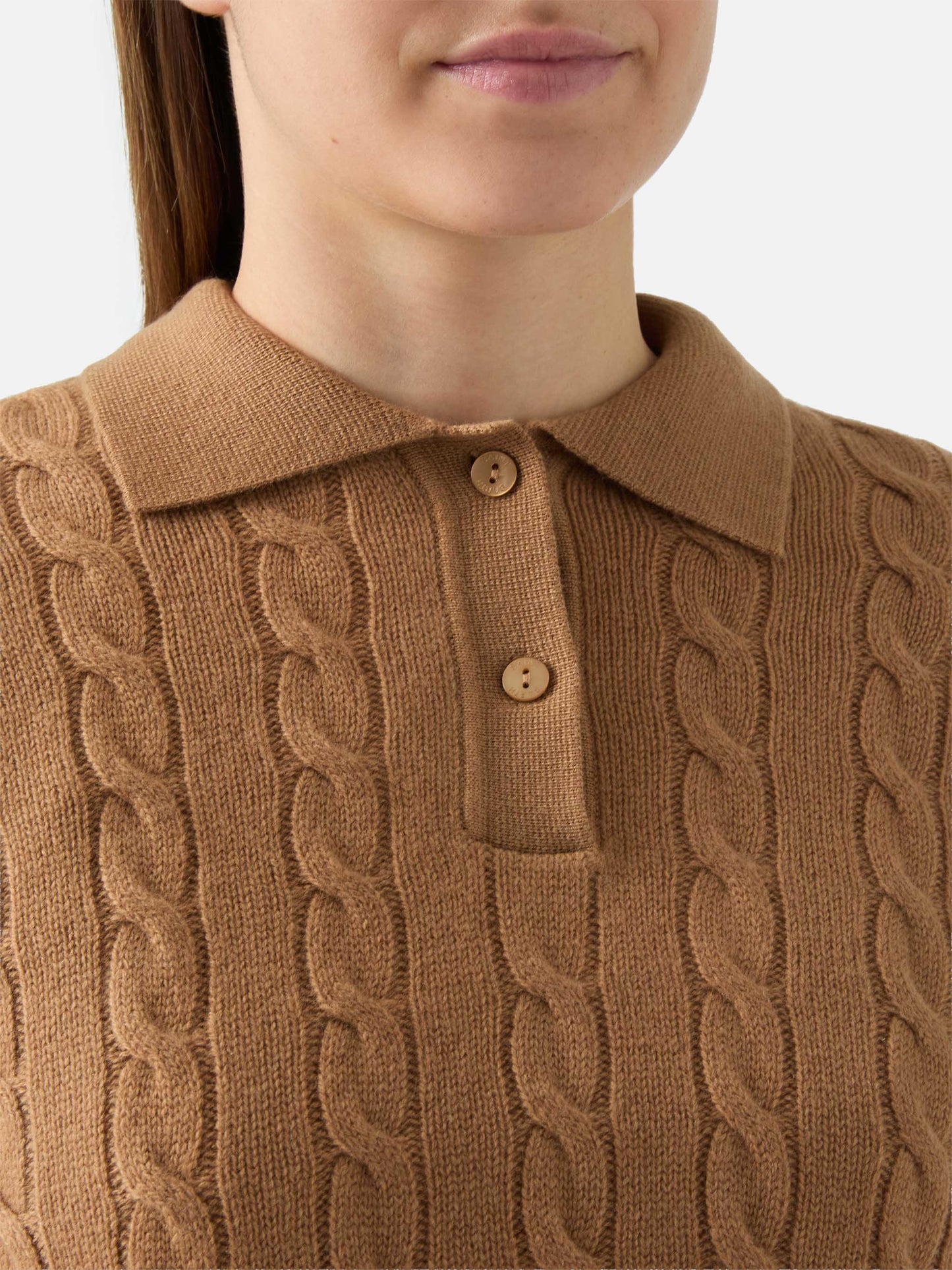 Savoy Polo-Pullover aus Merinowolle mit weichem Zopfmuster in Kamel