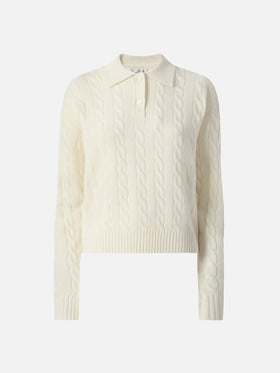 Savoy Polo-Pullover aus Merinowolle mit weichem Griff und Zopfmuster in Weiß
