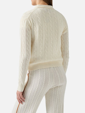 Savoy Polo-Pullover aus Merinowolle mit weichem Griff und Zopfmuster in Weiß