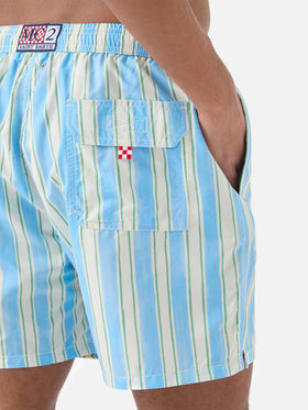 Short de bain Syros à motif rayé bleu clair et broderie logo 