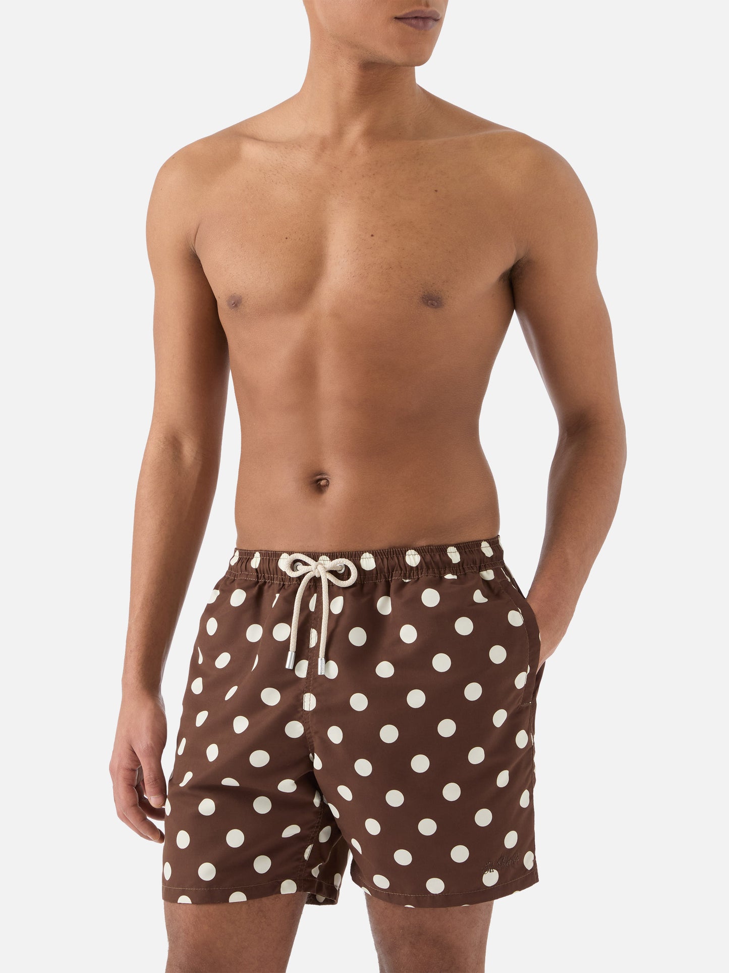 Short de bain Syros marron avec broderie à pois 