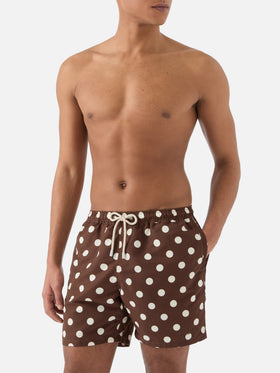 Short de bain Syros marron avec broderie à pois 
