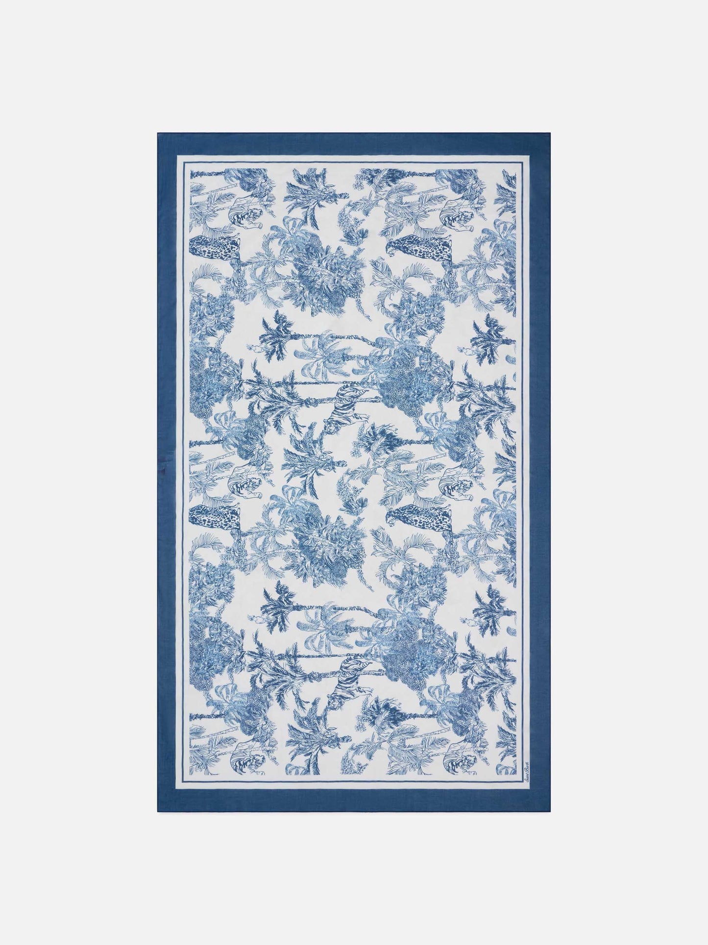 Pareo largo Thaiti en mezcla de seda con estampado toile de jouy azul 