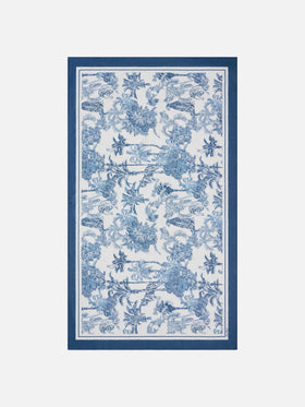 Pareo largo Thaiti en mezcla de seda con estampado toile de jouy azul 