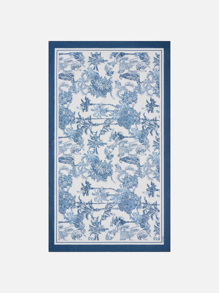 Thaiti long pareo in silk blend with blue toile de jouy print
