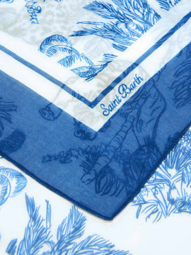 Pareo largo Thaiti en mezcla de seda con estampado toile de jouy azul 