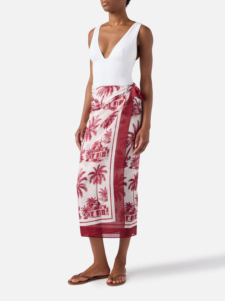 Thaiti long pareo in silk blend with burgundy toile de jouy print