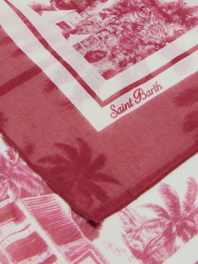 Pareo largo Thaiti en mezcla de seda con estampado toile de jouy burdeos 