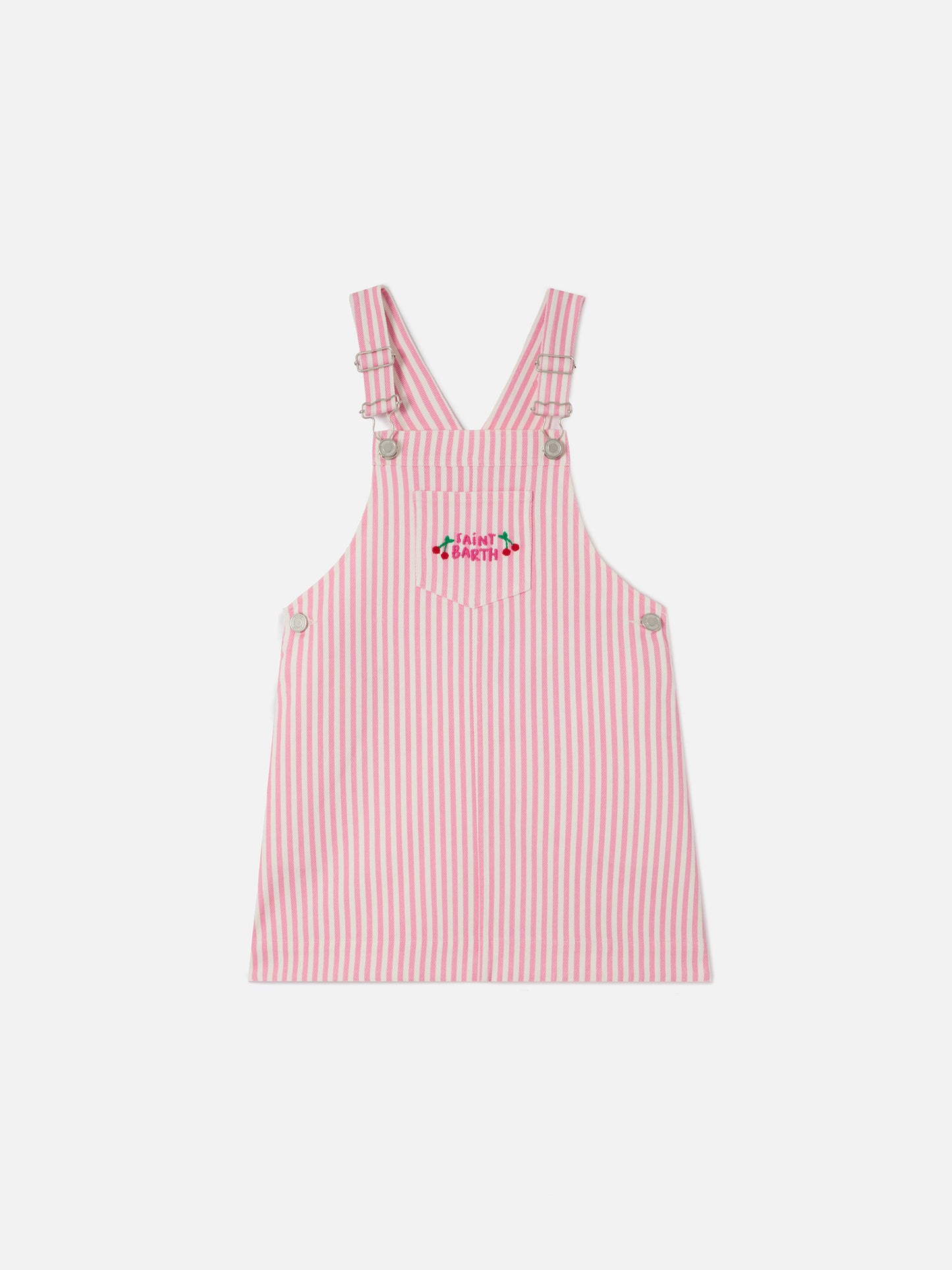 Pink striped denim pinafore dress Tecla Jr with embroidery