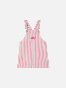 Pink striped denim pinafore dress Tecla Jr with embroidery