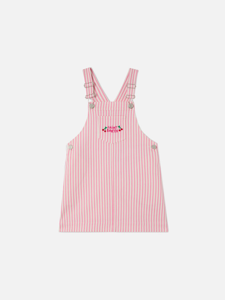 Pink striped denim pinafore dress Tecla Jr with embroidery
