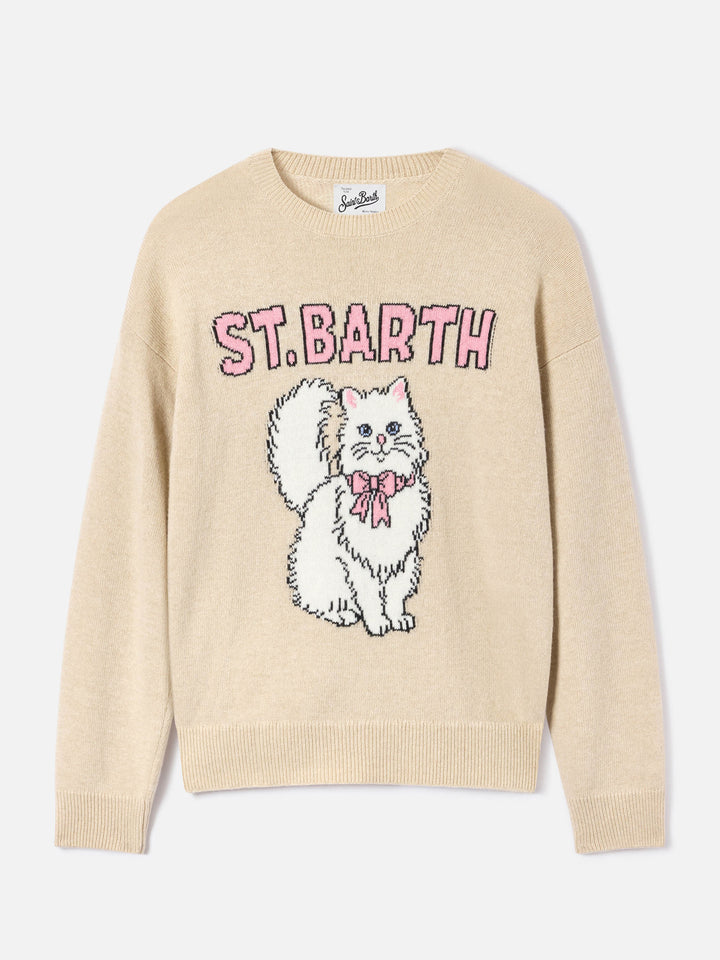 Maglia girocollo Tessa beige in misto lana e cashmere con intarsio gattino