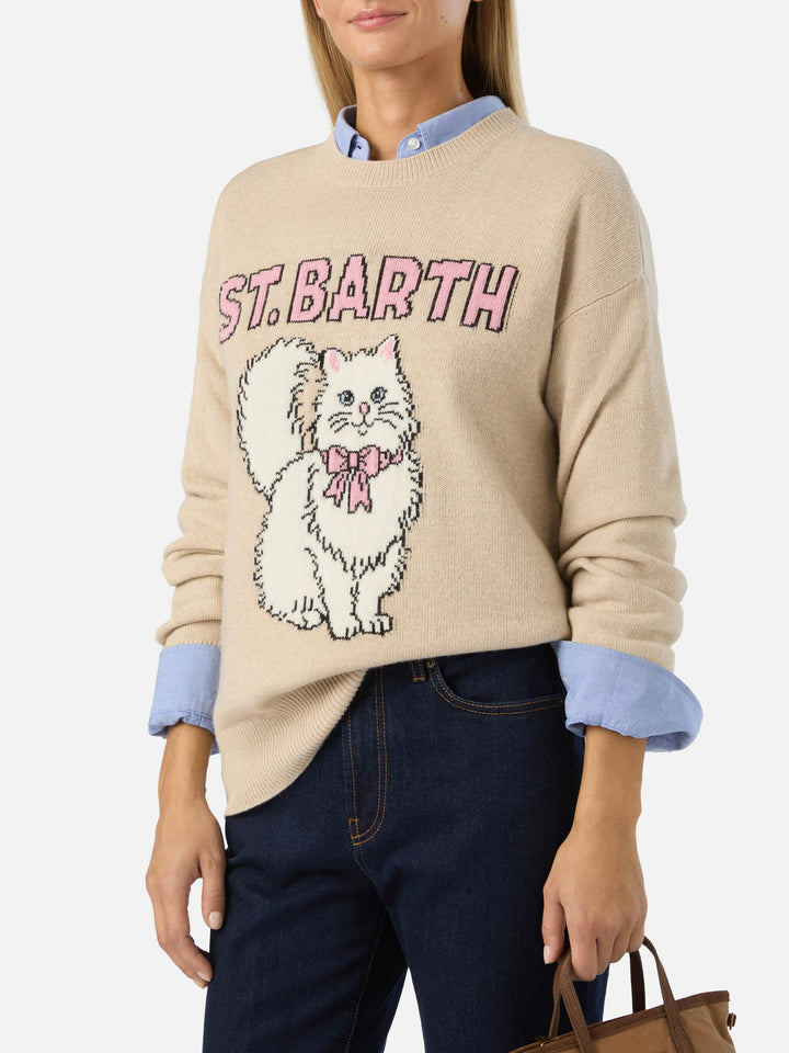 Maglia girocollo Tessa beige in misto lana e cashmere con intarsio gattino