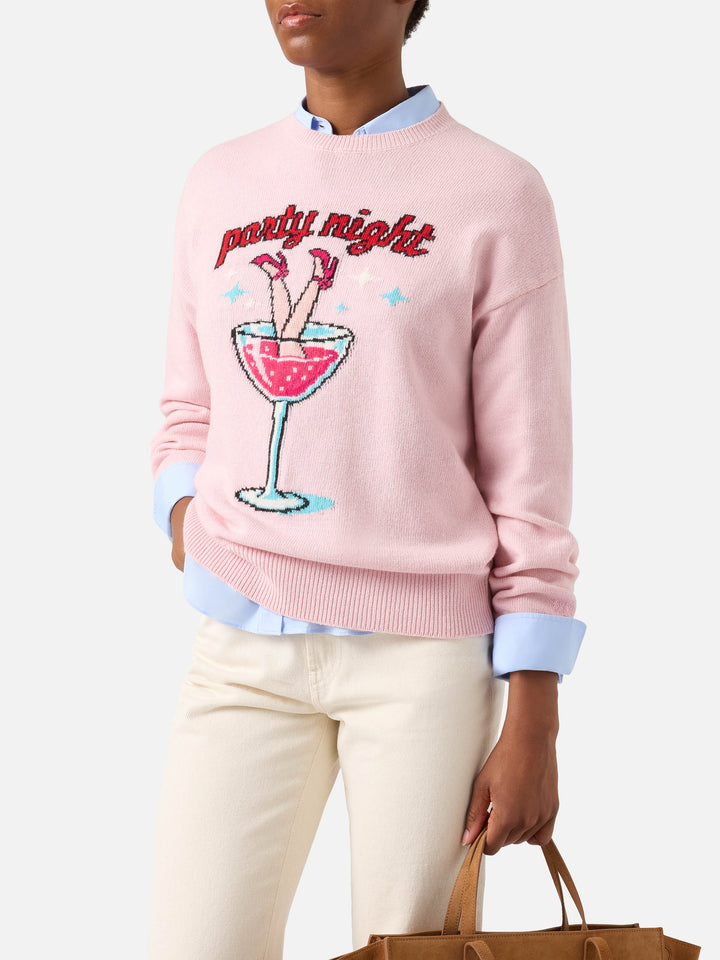 Jersey de cuello redondo Pink Tessa en mezcla de lana y cachemira con bordado Party Night 