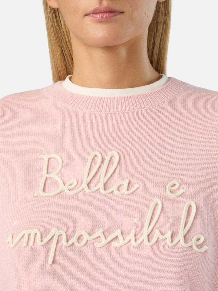 Maglia girocollo Tessa rosa in misto lana e cashmere con ricamo Bella E Impossibile