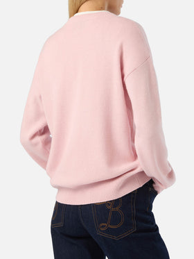 Pink Tessa wool and cashmere blend crewneck knit with Bella E Impossibile embroidery