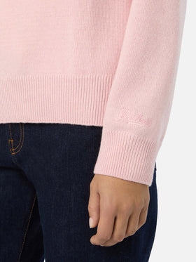 Pink Tessa wool and cashmere blend crewneck knit with Bella E Impossibile embroidery