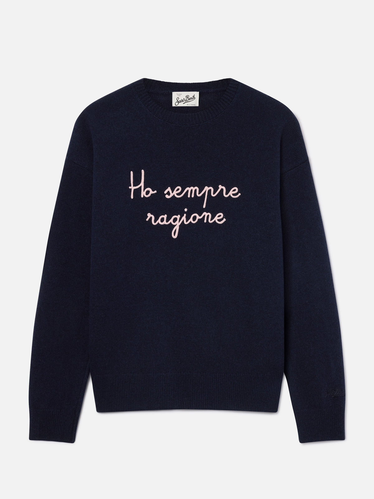 Navy blue Tessa wool and cashmere blend crewneck knit with Ho Sempre Ragione embroidery