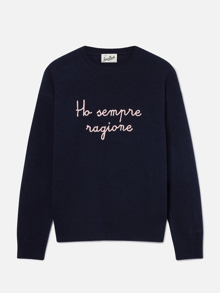 Jersey de cuello redondo Tessa en mezcla de lana y cachemira Navy blue con bordado Ho Sempre Ragione 