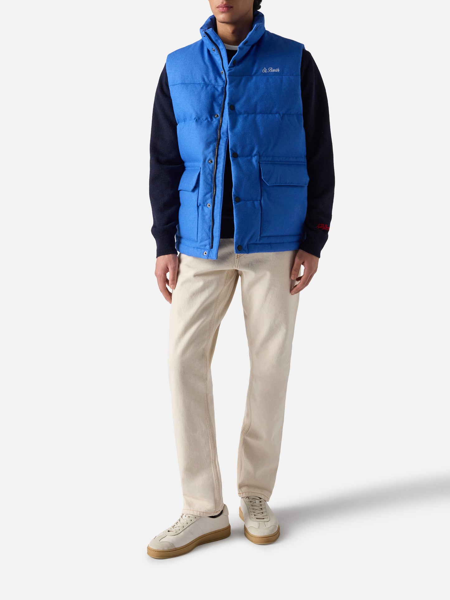Herrenweste aus blauer Wolle mit Daunenfüllung und Taschen
