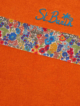 Orange towel with multicolor flower frames | MADE WITH LIBERTY FABRIC - MC2 Saint Barth