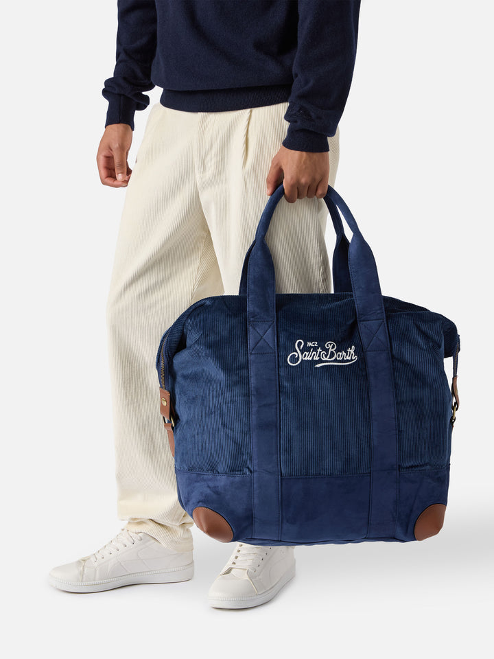 Reisetasche aus Cord, Duffelbag, in blauem Cord-Samt und Wildleder
