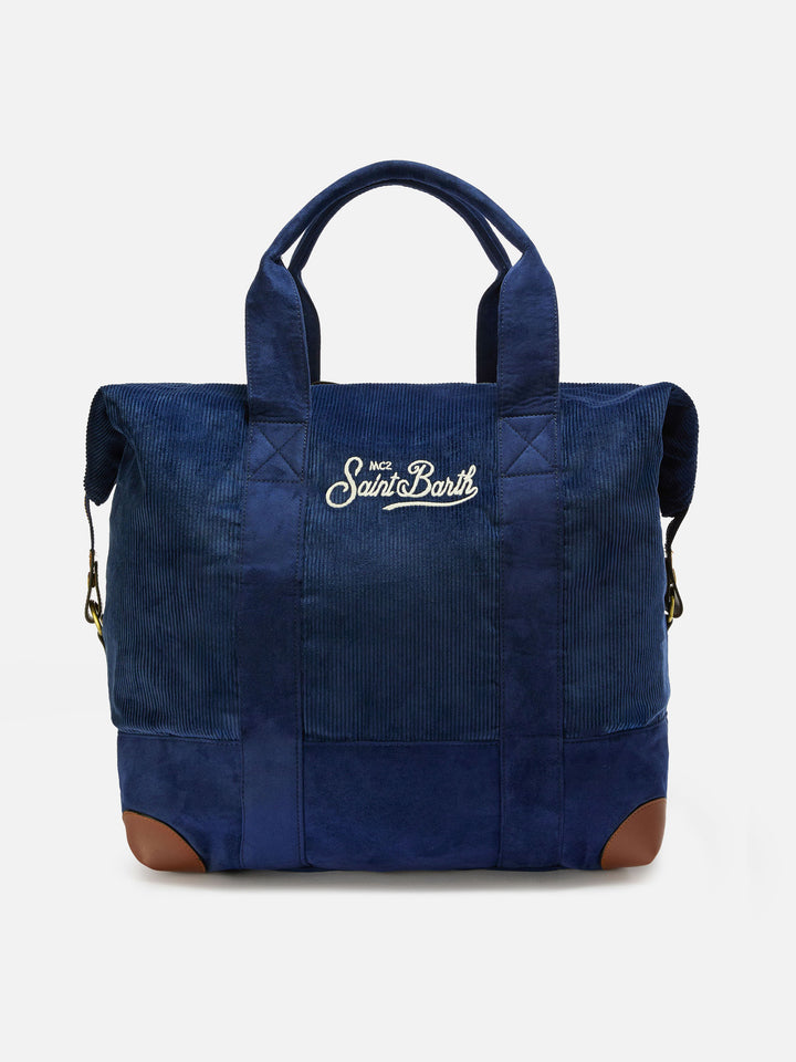 Reisetasche aus Cord, Duffelbag, in blauem Cord-Samt und Wildleder