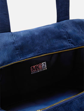 Reisetasche aus Cord, Duffelbag, in blauem Cord-Samt und Wildleder