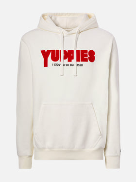 Tribeca Baumwoll-Hoodie in Weiß mit Yuppies-Flockdruck | YUPPIES SONDEREDITION
