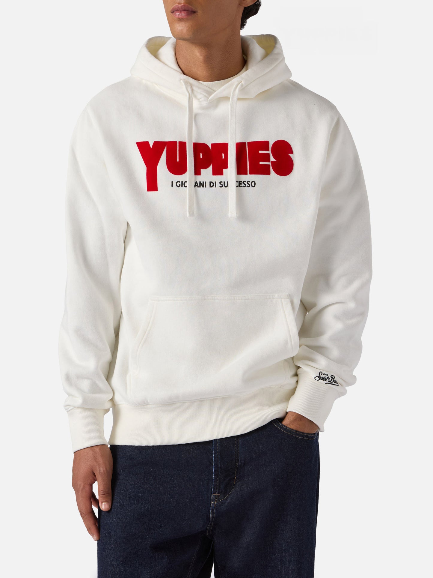 Tribeca Baumwoll-Hoodie in Weiß mit Yuppies-Flockdruck | YUPPIES SONDEREDITION