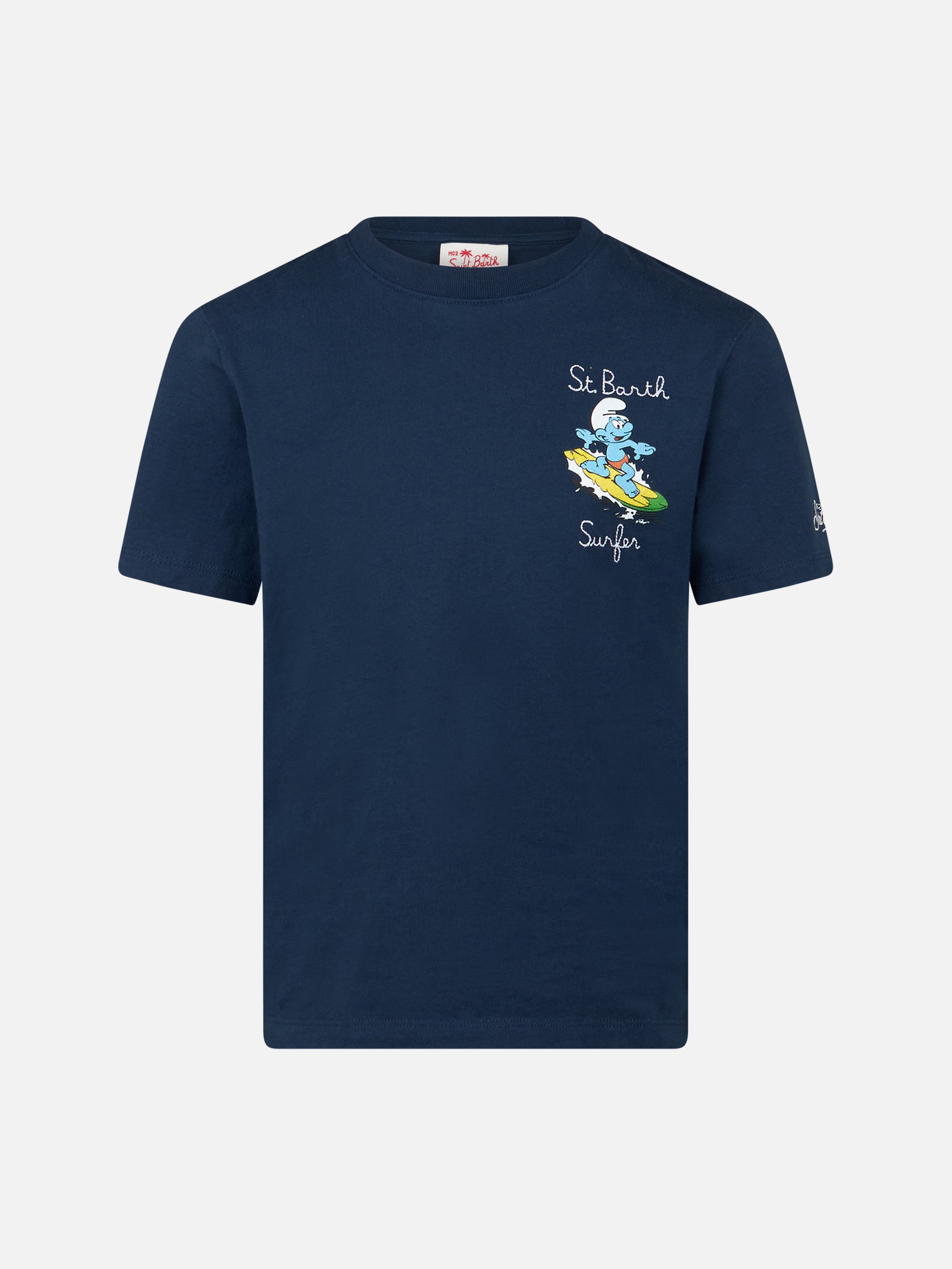 Boy cotton t-shirt with Smurf print and St. Barth Surfer embroidery | THE SMURF SPECIAL EDITION - MC2 Saint Barth