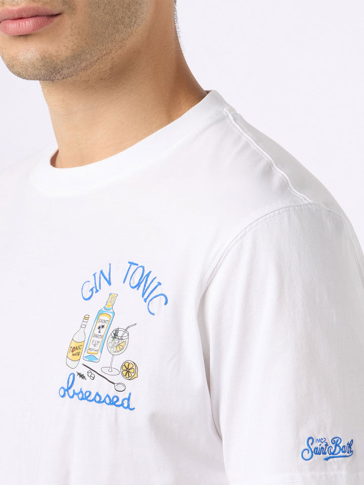 T-shirt in cotone con ricamo cocktail Gin Tonic obsessed