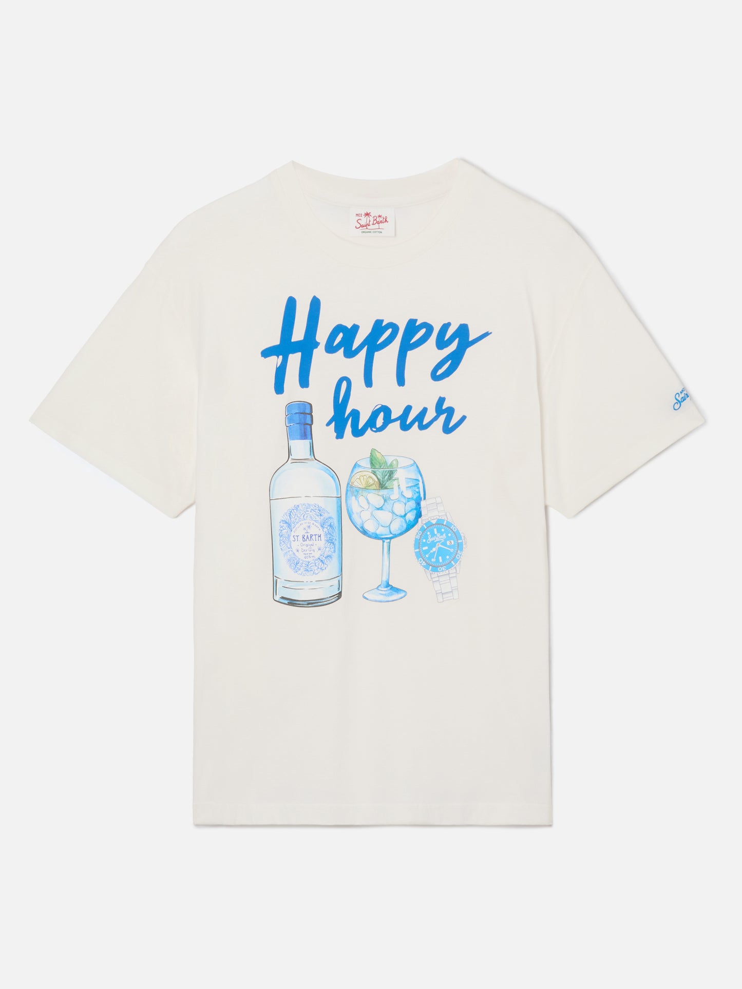 Herren-T-Shirt aus Baumwolle mit platziertem Happy Hour-Aufdruck