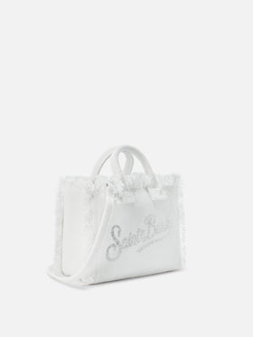 Borsa Vanity mini in canvas bianca con logo in strass