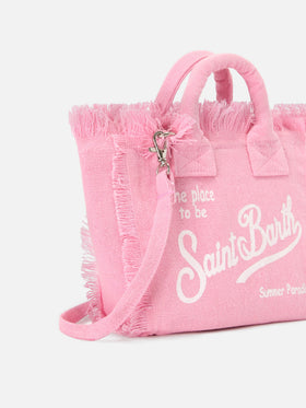 Borsa Vanity mini in lino rosa tinta unita con tracolla removibile