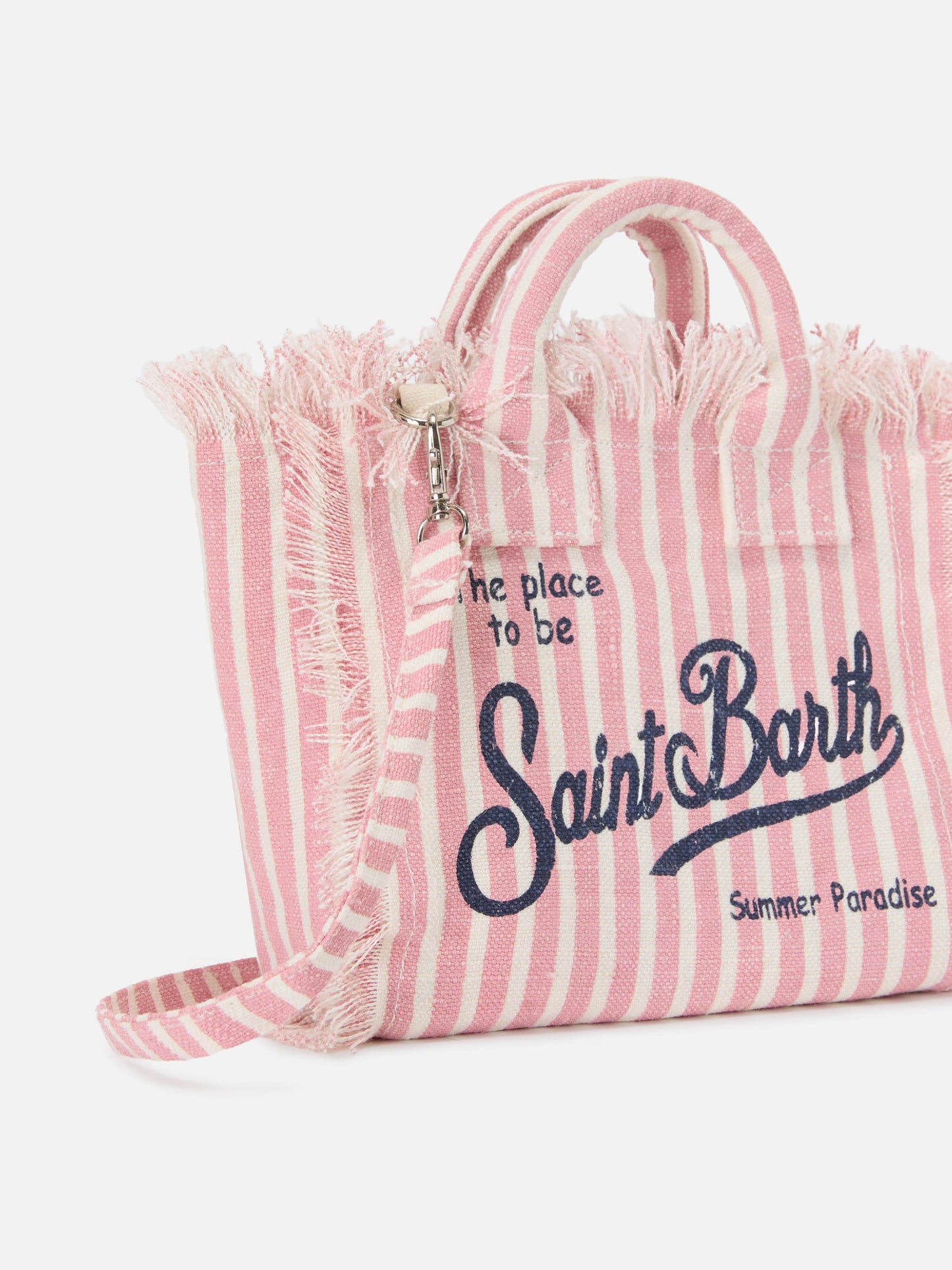 Trousse de toilette en lin à fines rayures roses et blanches 