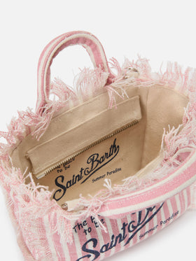Trousse de toilette en lin à fines rayures roses et blanches 