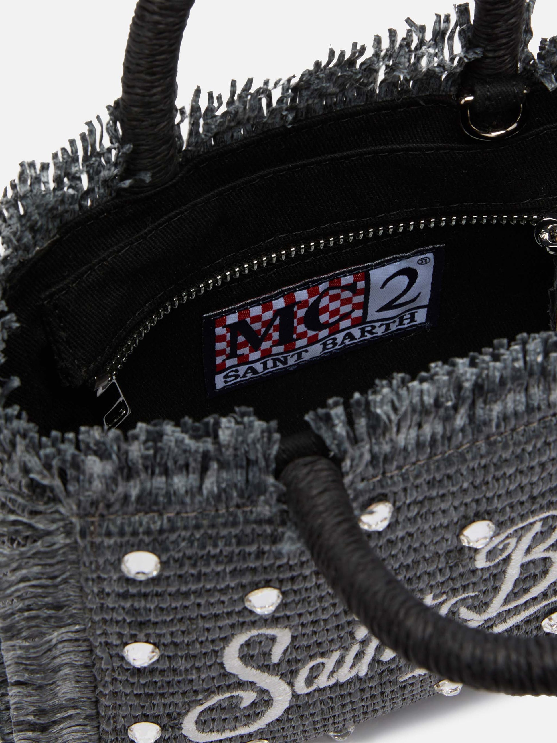 Black Mini Vanity Straw bag with rhinestone embellishment - MC2 Saint Barth