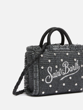 Black Mini Vanity Straw bag with rhinestone embellishment - MC2 Saint Barth