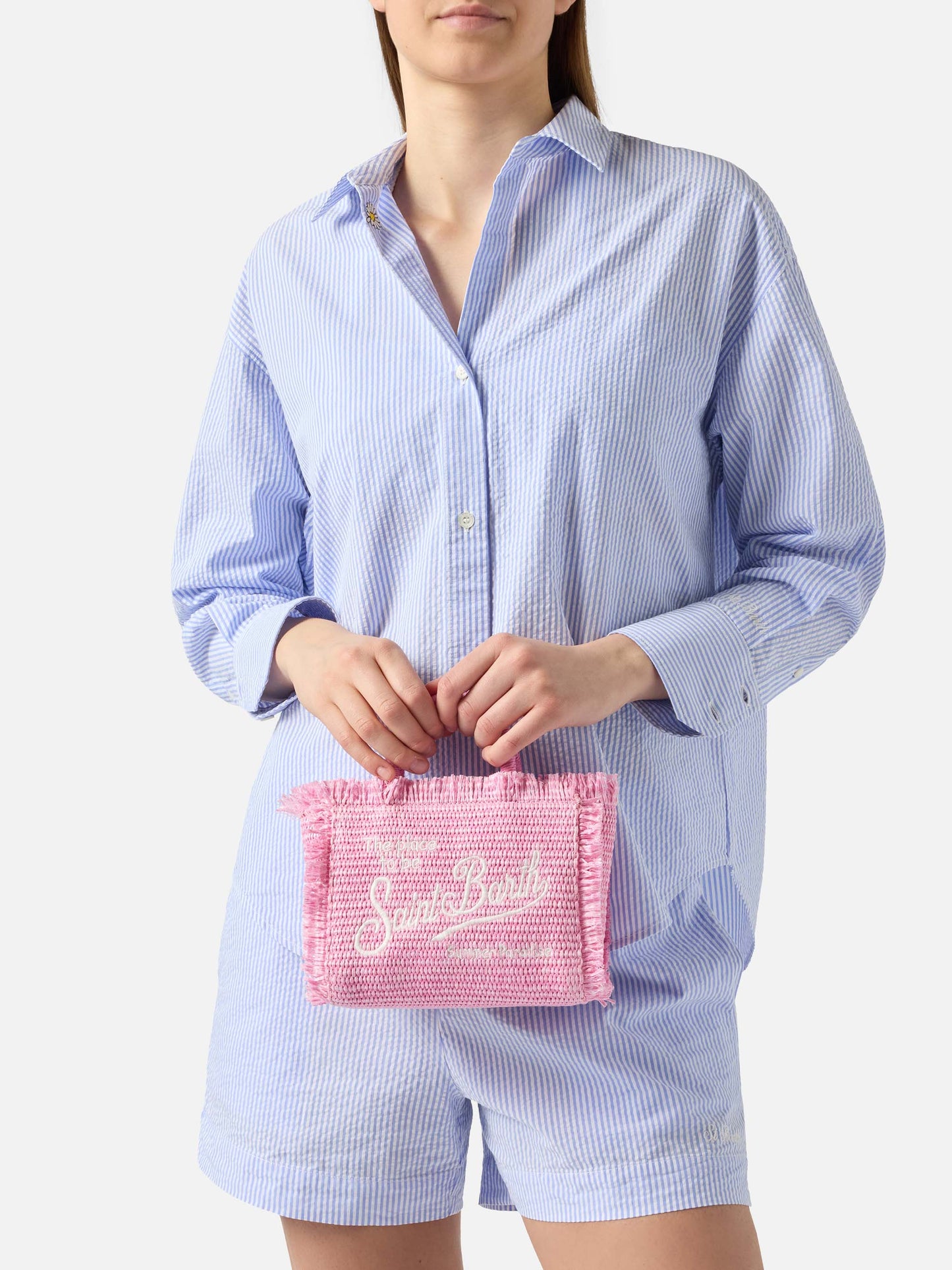 Rosa Mini Vanity Tasche in Strohoptik