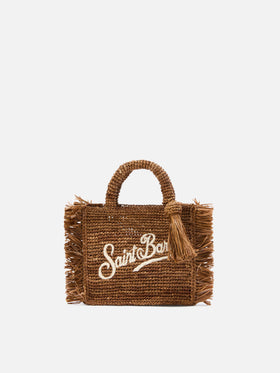Brown Vanity mini raffia bag with side fringes